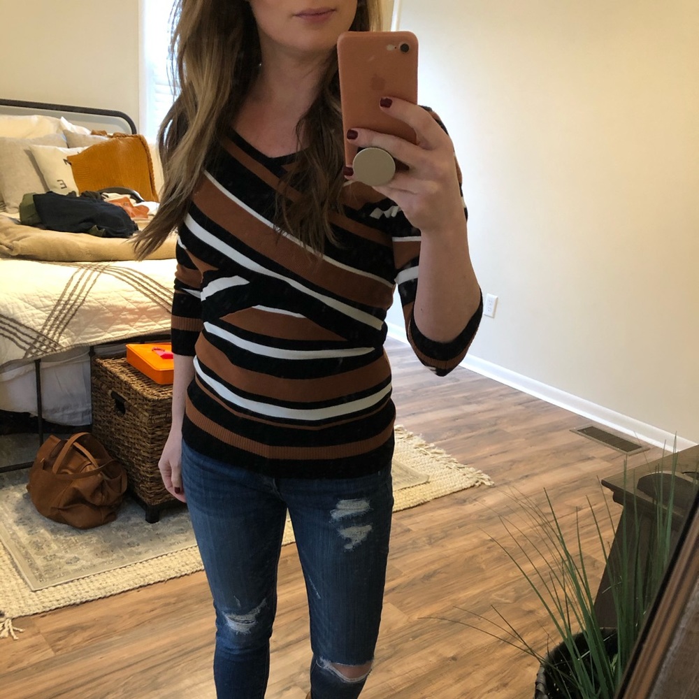 Off shoulder stripped sweater